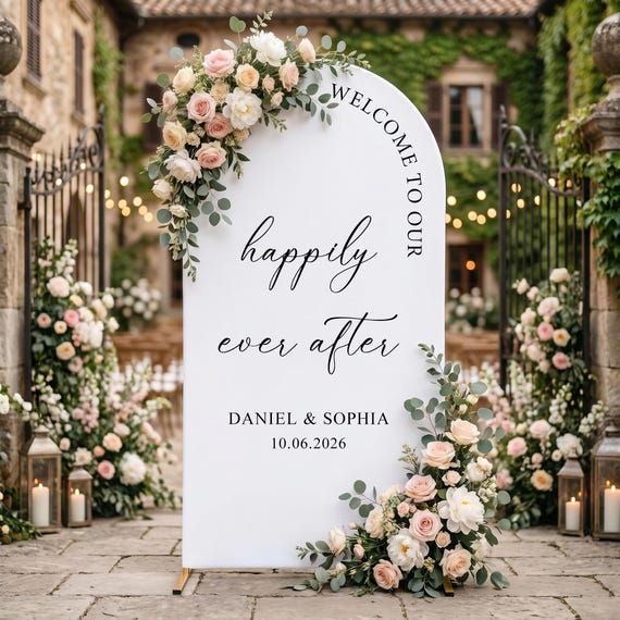 Custom Happily Ever After Arch Fabric Wedding Welcome Sign Cover, Personalized Names Date Wedding Backdrop, Minimal Wedding Entrance Banner
