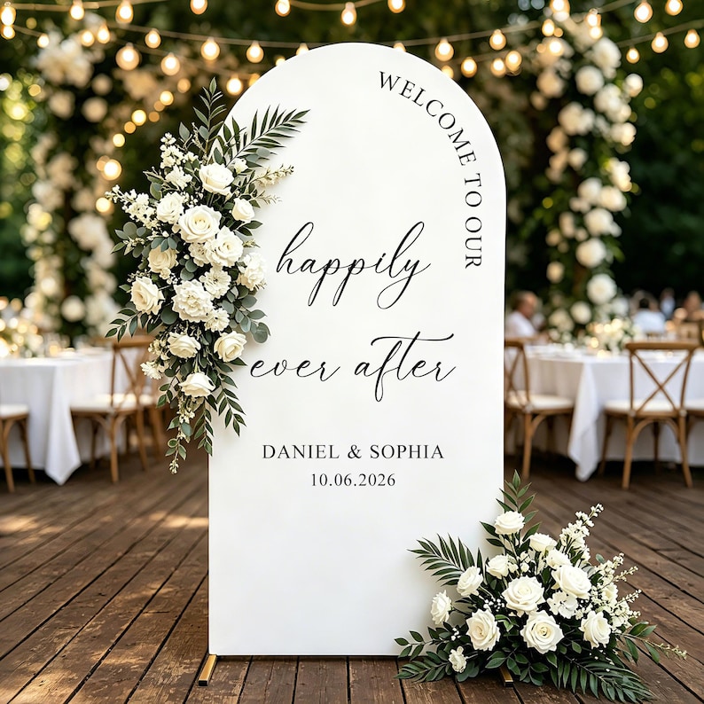 Custom Happily Ever After Arch Fabric Wedding Welcome Sign Cover, Personalized Names Date Wedding Backdrop, Minimal Wedding Entrance Banner image 3