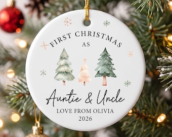 Primeiro Natal como Tia e Tio - Enfeite de Natal 2026, Lembrança de Natal Personalizada para Novos Tios e Tias, Enfeite de Cerâmica Personalizado com o Nome de Sobrinhos e Sobrinhas