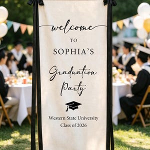 Elegante cartello di benvenuto personalizzato per la laurea, striscione per la festa di laurea della classe del 2026, sfondo minimalista per foto di laurea, decorazioni personalizzate per i diplomati del 2026