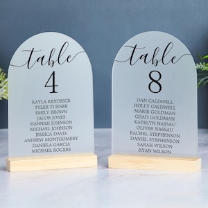 Op de afbeelding: Twee mat acryl tafelnummerborden met een houten voet. De borden zijn bovenaan gebogen en tonen het woord "table" in script, gevolgd door de nummers 4 en 8. Elk bord geeft namen weer.