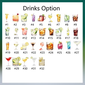 May include: A chart of 32 different drink options, each illustrated with a watercolor painting of a glass with a different beverage. The drinks are numbered 1 through 32.