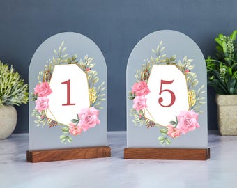 Pink Rose Flower Table Numbers, Wedding Table Signs, Wedding Table Decor, Wedding Table Numbers with Stand, Acrylic Wedding Signage