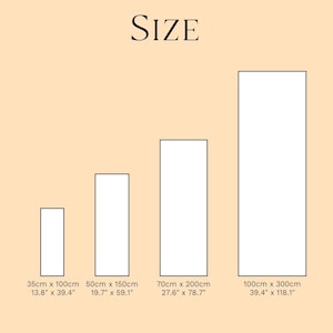 May include: Image showing four rectangular shapes of varying sizes, with dimensions listed in both centimeters and inches. The text "SIZE" is at the top. The smallest shape is 13.8" x 39.4", and the largest is 39.4" x 118.1".