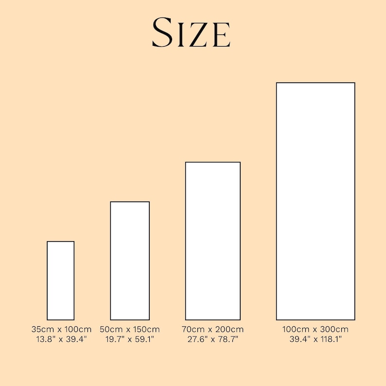 May include: Image showing four rectangular shapes of varying sizes, with dimensions listed in both centimeters and inches. The text "SIZE" is at the top. The smallest shape is 13.8" x 39.4", and the largest is 39.4" x 118.1".