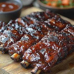 May include: A wooden board displays a rack of glazed barbecue ribs. The ribs are coated in a dark, glossy sauce. A small bowl of sauce and a bowl of salad are in the background.