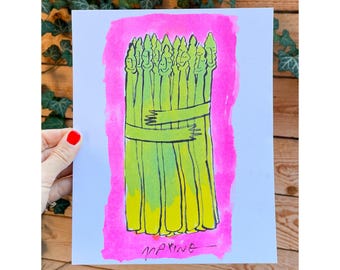 RISO! FRIENDLY ASPARAGUS! 8x10 inch original print handdrawn illustration print