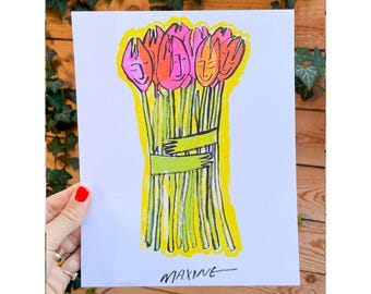 RISO! FRIENDLY FLOWERS! 8x10 inch original print handdrawn illustration print