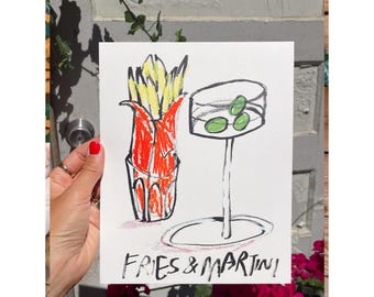 RISO! MARTINI+FRIES! 8x10 inch original print handdrawn illustration print