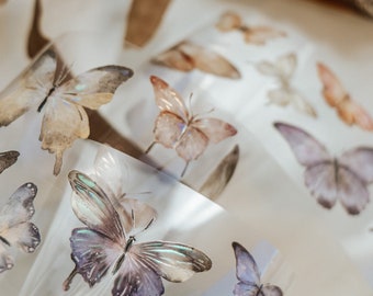 Meow Illustration Beautiful Butterfly PET Tape, with Iridescent Effect, 50mm