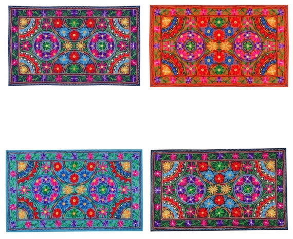 Indian Suzani Embroidered Wall Hanging Tapestry – Multicolor Mandala Floral Mirror Table Runner Ethnic Handmade Home Décor 30”x50”