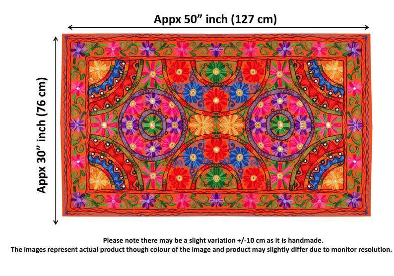 May include: A colorful embroidered tapestry with a geometric pattern of circles and semi-circles. The tapestry is made of fabric with a red background and features a variety of colors, including pink, blue, green, and yellow. The tapestry is approximately 30 inches by 50 inches.