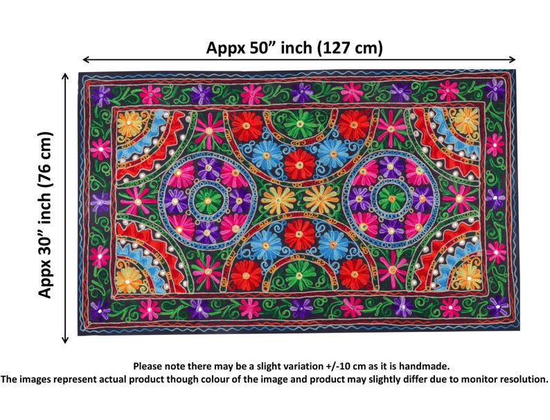 May include: A colorful embroidered tapestry with a floral pattern in shades of pink, red, green, blue, and purple. The tapestry is approximately 50 inches wide and 30 inches tall.