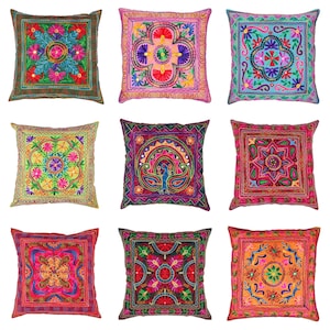 Federa per cuscino ricamata indiana 60 x 60 cm multicolore Suzani Mirror Mandala Boho in cotone, quadrata, per divano, arredamento per la casa