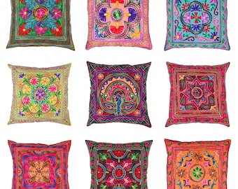 Indian Embroidered Cushion Cover 60 x 60 CM Multicolour Suzani Mirror Mandala Boho Cotton Pillow Case Square for Sofa couch Home Decor