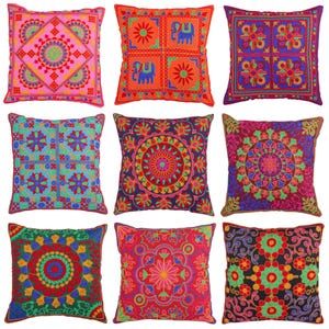 Funda de cojín bordada india Suzani cuadrada para sofá, dormitorio, decoración bohemia y cachemira, 40 x 40 cm (solo funda).
