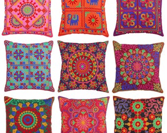 Indian Embroidered Cushion Cover Suzani Square Pillow Case for Sofa Couch Bedroom Boho Kashmiri Home Décor 40x40 CM Square – Cover Only