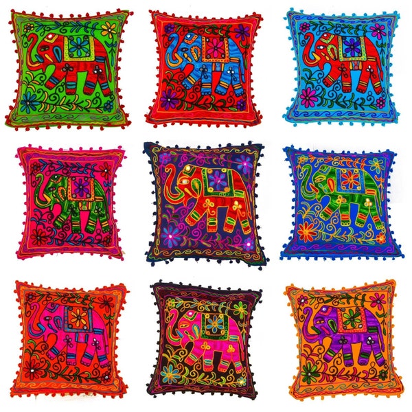 Indian Cushion Covers Suzani Wool Embroidered Elephant Boho Case Pom Pom 40x40 CM Square Home Décor Takiya