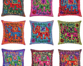Embroidered Suzani Elephant Cushion Cover | Indian Boho Case Square Takiya Floral Pillow case with Acrylic Mirros Home Décor 40x40cm