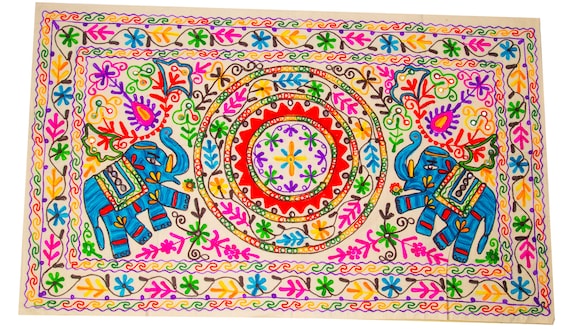Embroidered Elephant Tapestry 30x50 Inch – Indian Suzani Throw, Blue embroidery Elephant Table Cover, Boho Wall Hanging, Multicolor Decor