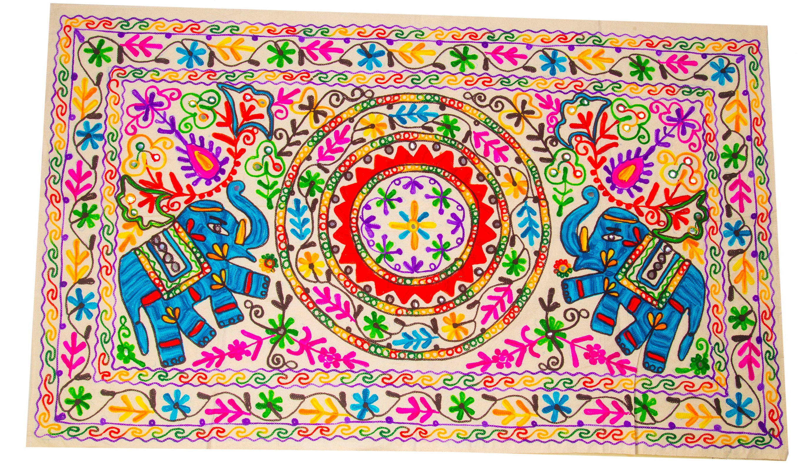 インド製象柄刺繍タペストリー 90cm x 60cm 象の刺繍タペストリー 30 x 50 インチ – インドのスザニスロー、青い象