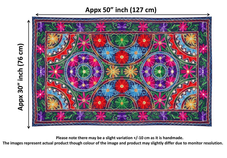 May include: A colorful, hand-stitched wall tapestry with a floral design. The tapestry is approximately 50 inches wide and 30 inches tall. It features a repeating pattern of flowers, circles, and geometric shapes in shades of red, blue, green, yellow, and purple.