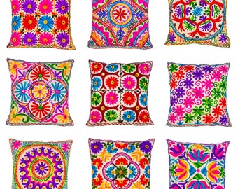 Kashmiri Cushion Covers Suzani indian Multicolour Embroidered Mirrors Bohemian Pillow Case 40x40 Centimetres Squares Takiya (Cover Only)