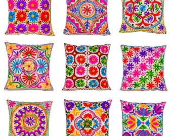 Embroidered Suzani Cushion Cover: Indian Bohemian Pillow with Mirrors