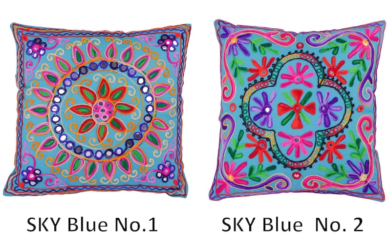 Indian Cushion Covers Suzani Embroidered Mirrors Boho Case Takiya 40x40 CM 16"x16" Square Kashmiri Takiya Home Décor - Cover Only image 8