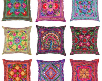 Handmade Boho Embroidered Cushion Cover 60 x 60 CM Multicolour Suzani Mirror Mandala Cotton Pillow Case Square for Sofa couch Home Decor