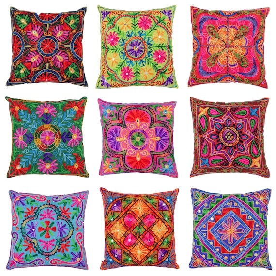 Indian Cushion Covers Suzani Embroidered Mirrors Boho Case Takiya 40x40 CM 16"x16" Square Kashmiri Takiya Home Décor - Cover Only