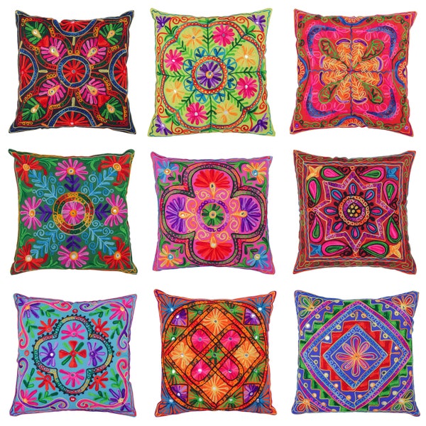 Housse de coussin indienne brodée à la main, miroir coloré, taie d'oreiller hippie bohème mandala pour décoration intérieure 40 x 40 cm et 60 x 60 cm (housse uniquement)