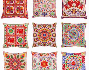 Indian Suzani Embroidered Cushion Cover - Bohemian Square Pillow Case for Sofa Couch Home Décor 40x40 CM - Cover Only