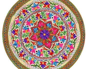 Kashmiri Hand Embroidered Floral Cotton Table Cover (35" Round)