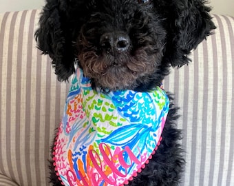 Puede incluir: Un perro negro con un pañuelo colorido con el nombre "Stella" escrito en rosa. El pañuelo tiene un borde de pompón rosa.