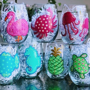 Sea Life Stemless Wine Glasses | Hand-Painted | Beach Theme | Coastal Life | Hostess Gift | 20.5oz