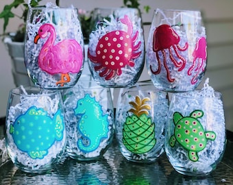 Sea Life Stemless Wine Glasses | Hand-Painted | Beach Theme | Coastal Life | Hostess Gift | 20.5oz