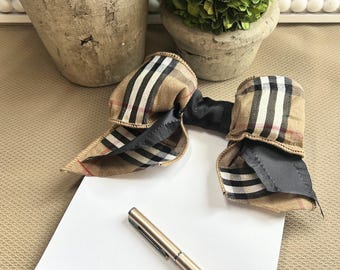 Tan Plaid Ribbon Bow Notepad | Perforated Sheets, Pen Included