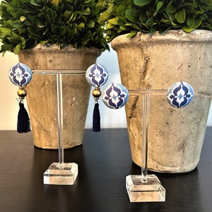 Blue Damask Button Earrings | Handmade