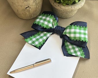 Navy & Green Gingham Ribbon Notepad | Perforated | Preppy Stationery |