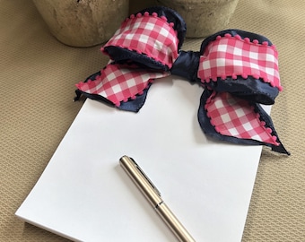 Hot Pink Gingham & Navy Ribbon Notepad | Perforated | Preppy Stationery |