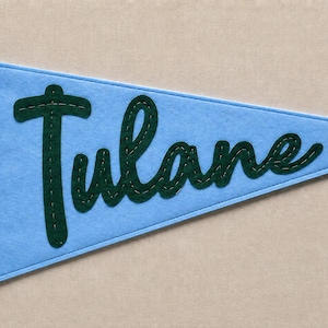 May include: A light blue felt pennant featuring the word Tulane in dark green felt lettering. The left side has a dark green border with two dark green fabric ribbons tied into small black and white gingham bows attached to the edge.