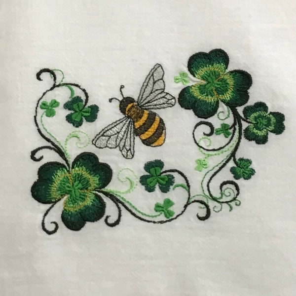 EMBROIDERED BEE & SHAMRODK Towel*St Patrick's Day*Bee*Embroidered Hand Towel*Tea Towel*Dish Cloth*FlourSack*Cotton Towel*Personalized Option