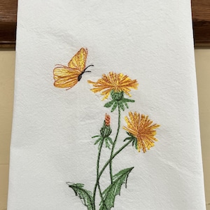 Tea Towel*Embroidered Tea Towel*Dandelions *Butterfly*Floursack*Dish Towel*Kitchen Towel*Gift*Shower Gift*Hostess Gift*Favors