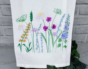 TEA TOWELS Wildflower*Meadow Flowers*Embroidered *Hand Towel*Kitchen Towel*Dish Cloth*Flour Sack Towels*Hostess and Housewarming Gift