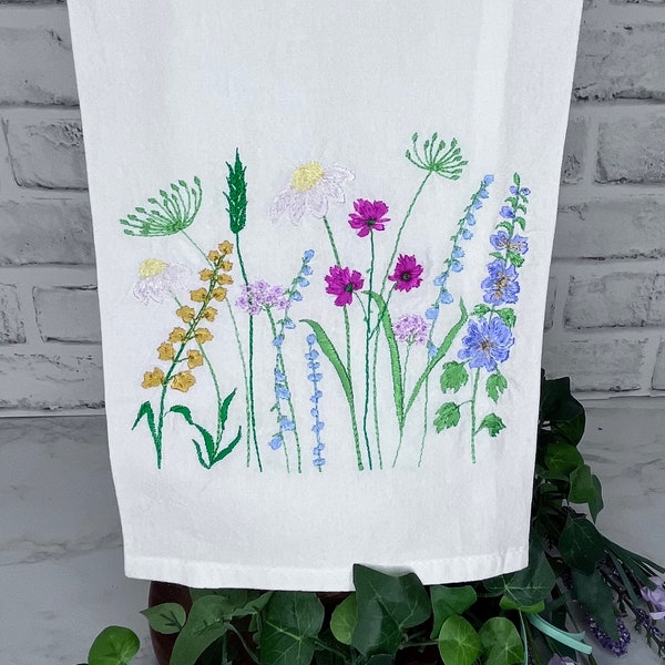 TEA TOWELS Wildflower*Meadow Flowers*Embroidered *Hand Towel*Kitchen Towel*Dish Cloth*Flour Sack Towels*Hostess and Housewarming Gift