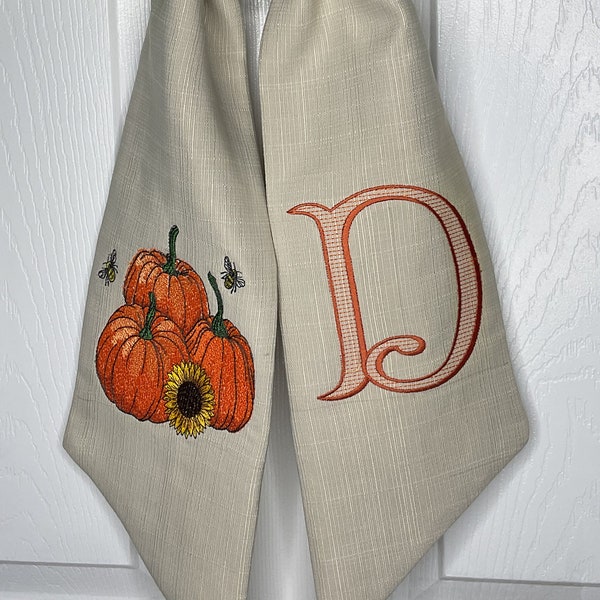 Fall Wreath Sash*Embroidered Monogram*Embroidered Pumpkins, Sunflowers, Honeybee*Personalized Embroidered Front Door Decor*