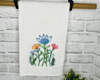Embordered Tea Towel*Whimsical Flowers*Tea Towel-Kitchen Towel-Hand Towel-Dish Cloth-Flour Sack-Gifts-Housewarming-Birthday-Teacher Gift