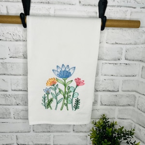 Embordered Tea Towel*Whimsical Flowers*Tea Towel-Kitchen Towel-Hand Towel-Dish Cloth-Flour Sack-Gifts-Housewarming-Birthday-Teacher Gift