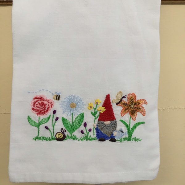 GNOMES, BEES &FLOWERS*Embroidered*Dish Cloth*Kitchen Towel*Tea Towel*Flour Sack Towel*Cotton Towel*Gifts*Spring
